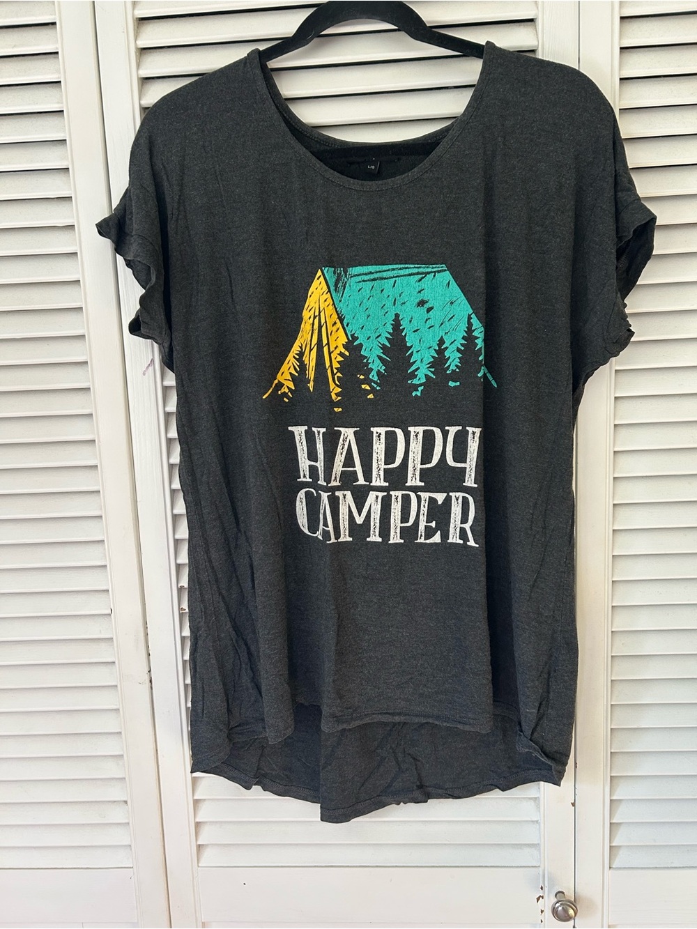 Eclipse Dark Gray 'Happy Camper' Tee with Teal & Yellow Tent
